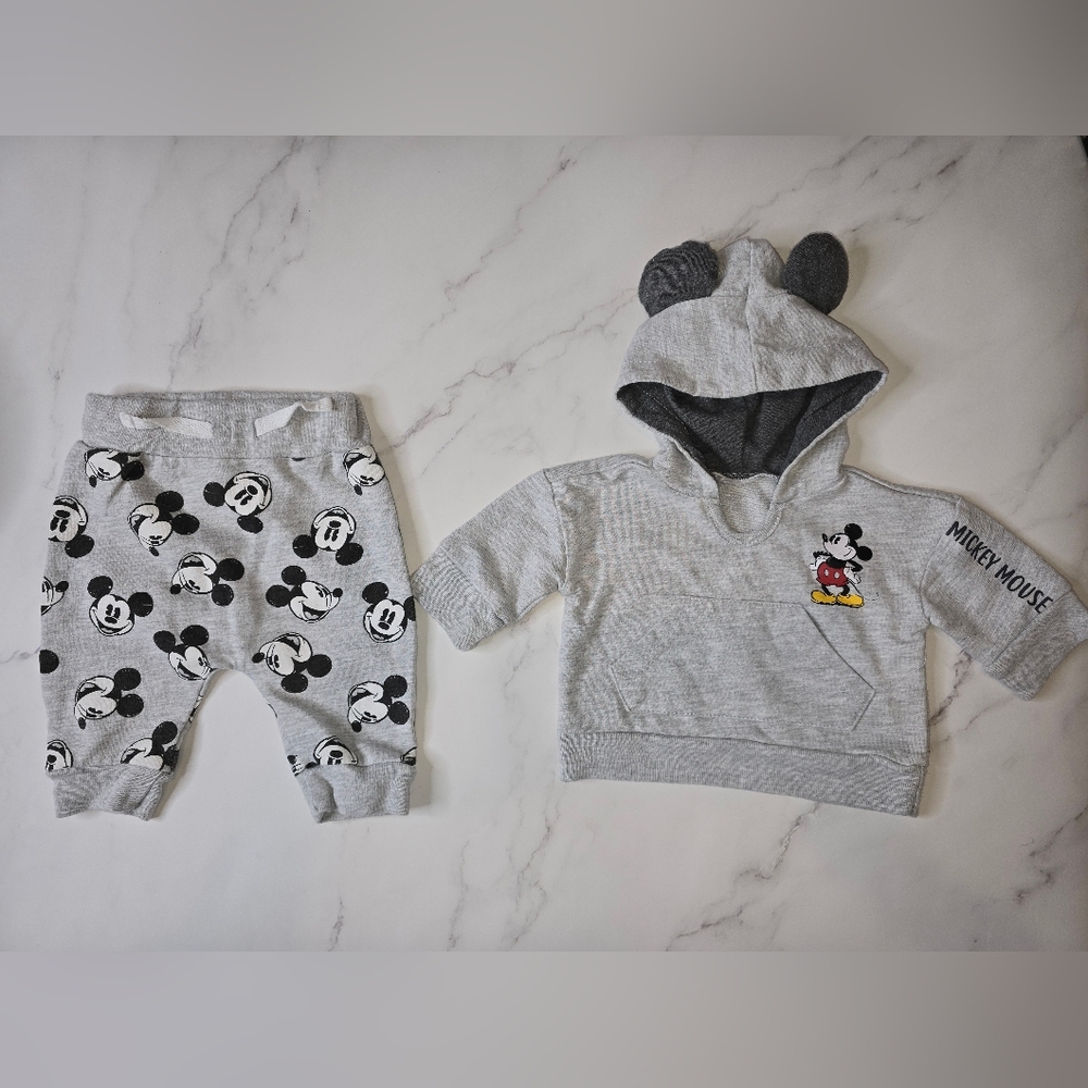 Gray Mickey Mouse Baby Hoodie and Pants Set